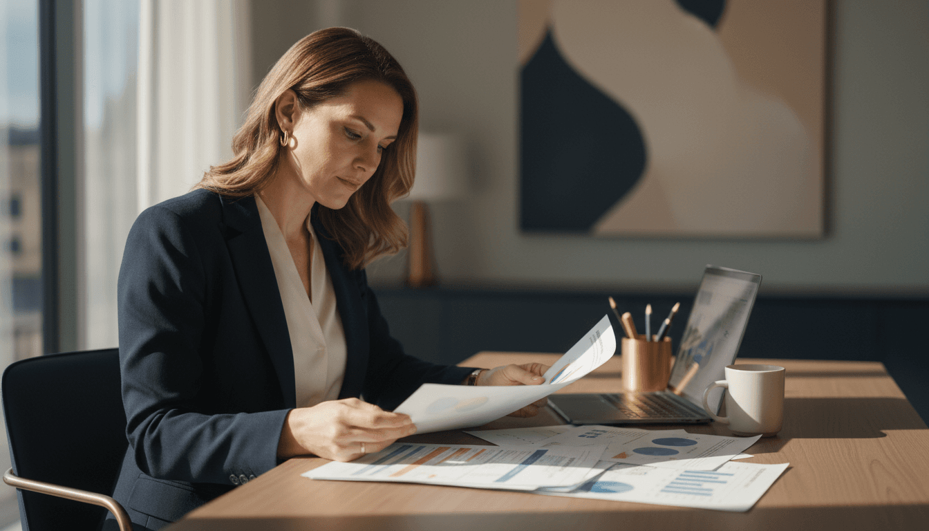 Professional woman reviewing insurance and financial planning documents at a modern desk