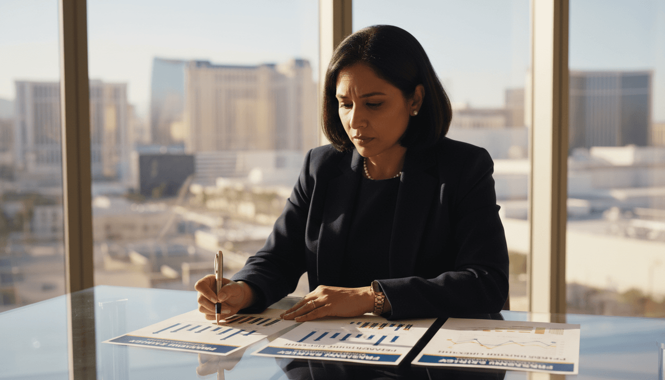 Professional woman reviewing personalized insurance documents at a modern desk