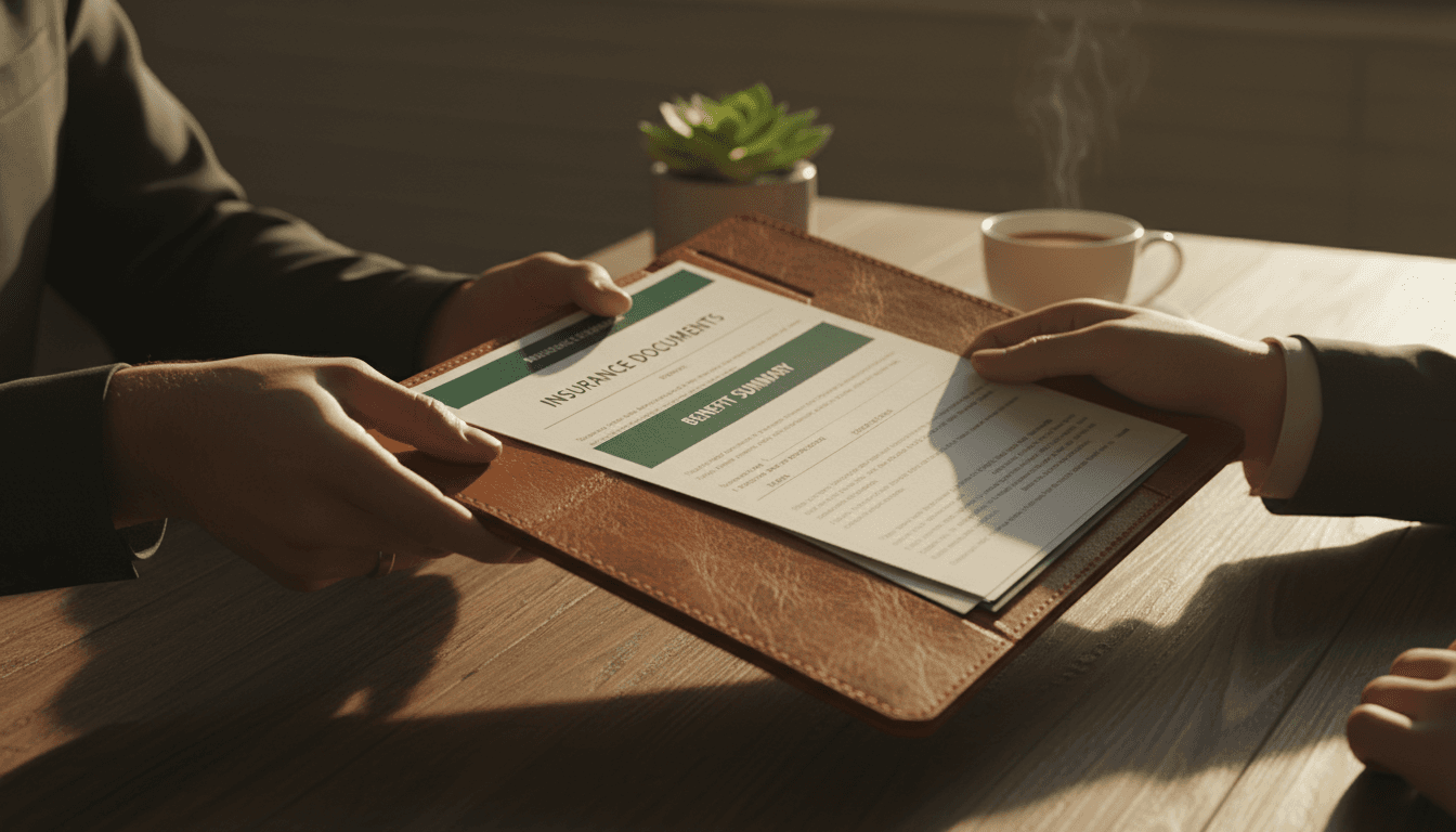 Insurance advisor handing over comprehensive policy documents to client