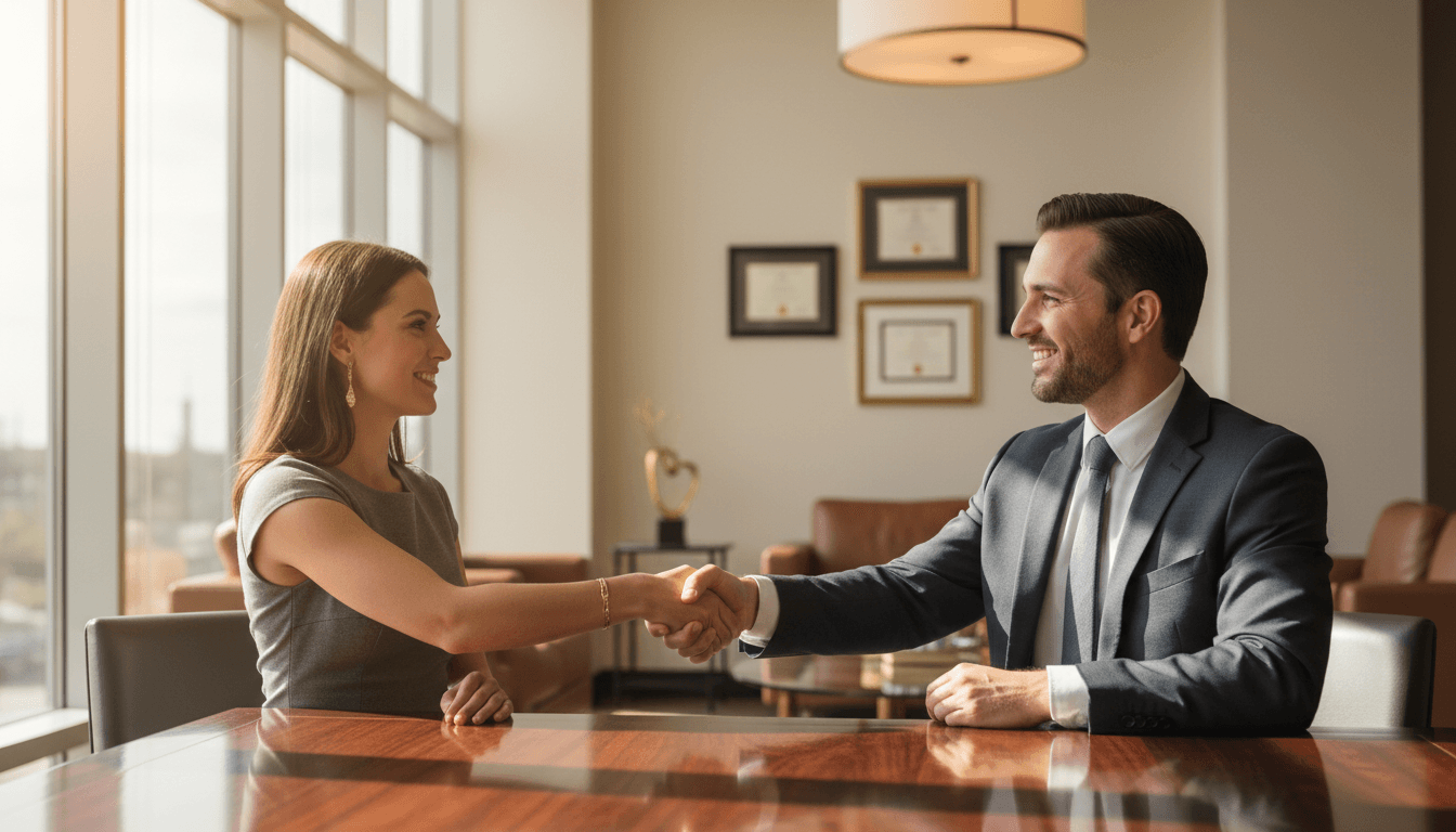 Financial advisor and client shaking hands across a polished desk in a modern office