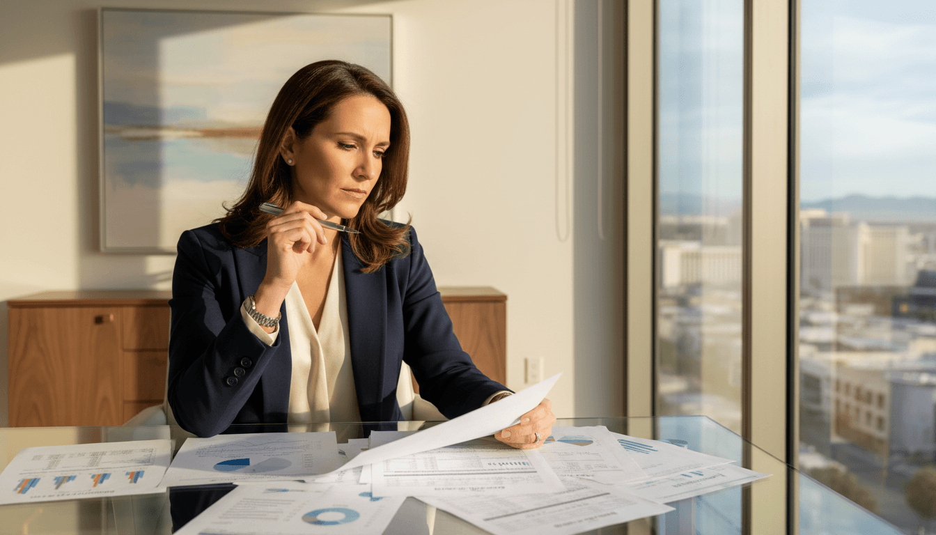 Professional woman reviewing insurance documents at modern office desk